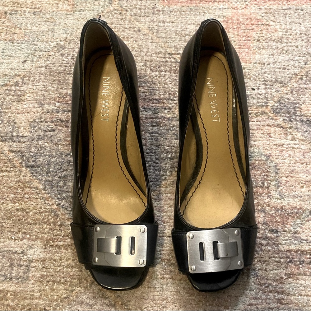 Nine West Wedge Heeled Black Shoe with Metal Buckle Detail on Toe - Picture 2 of 7